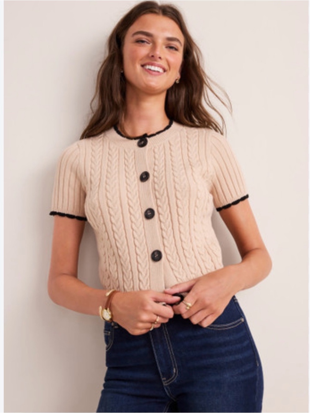 Francesca's |Susana|Short-Sleeve Cardigan|Cream Black Trim|Medium|NWT